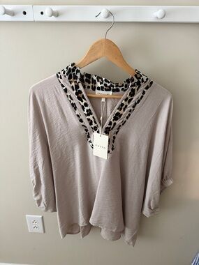 entro Taupe V-Neck Blouse with Leopard Trim